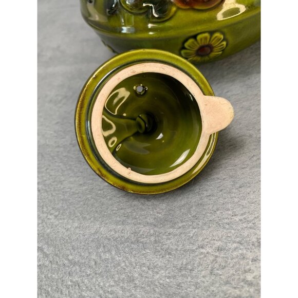 Vintage Green Ceramic Teapot with Floral Relief & Wire Handle 1970s - Picture 3 of 10